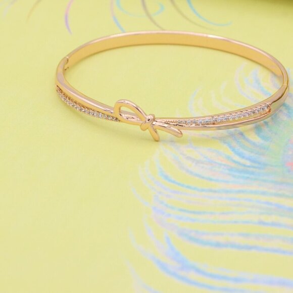 Rose Gold Bow Knot Bangle with Sparkling CZ Accents, XPBL0427 - Picture 4 of 11